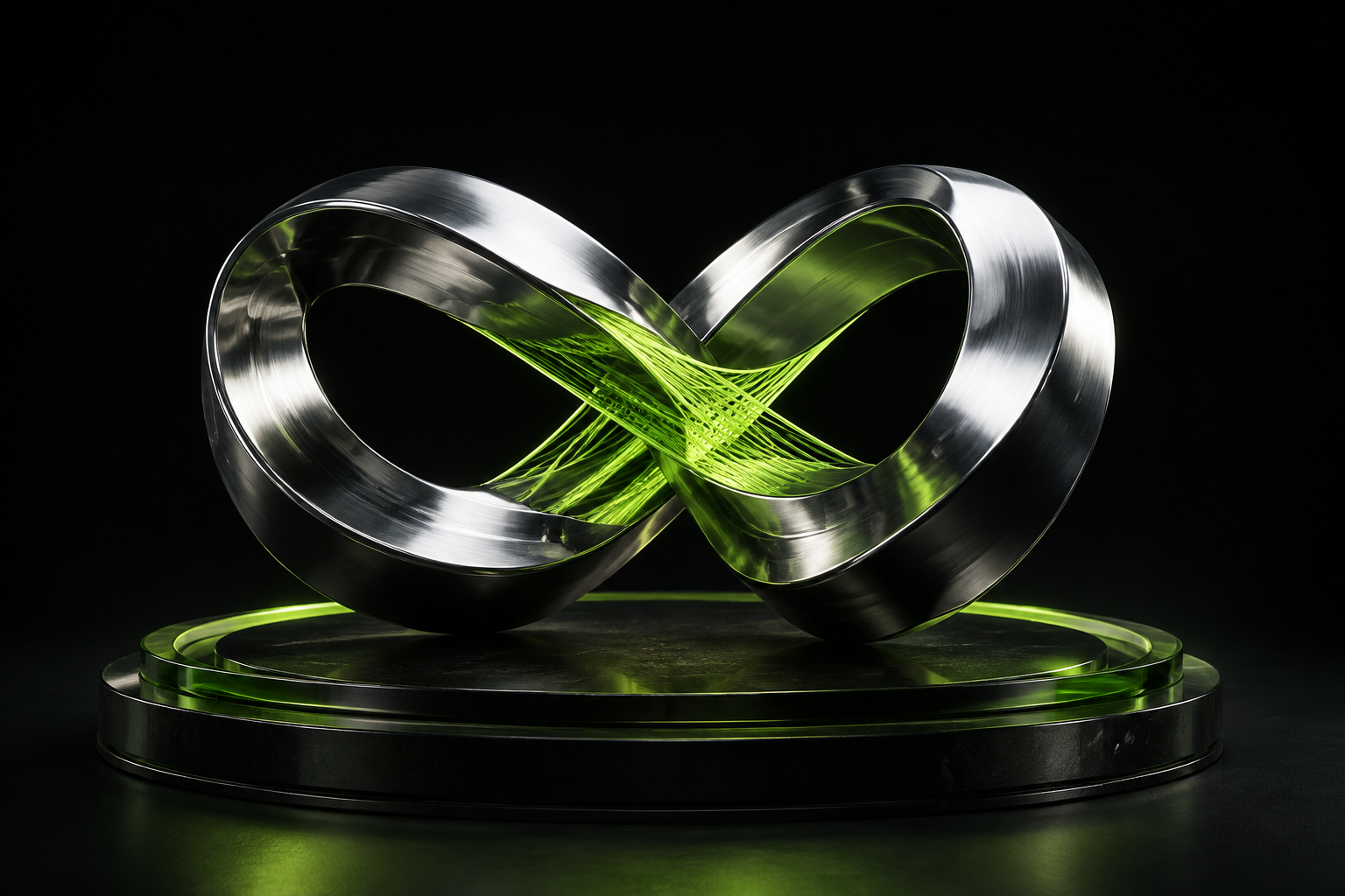 Interlocking chrome ribbons joined by a luminous green thread