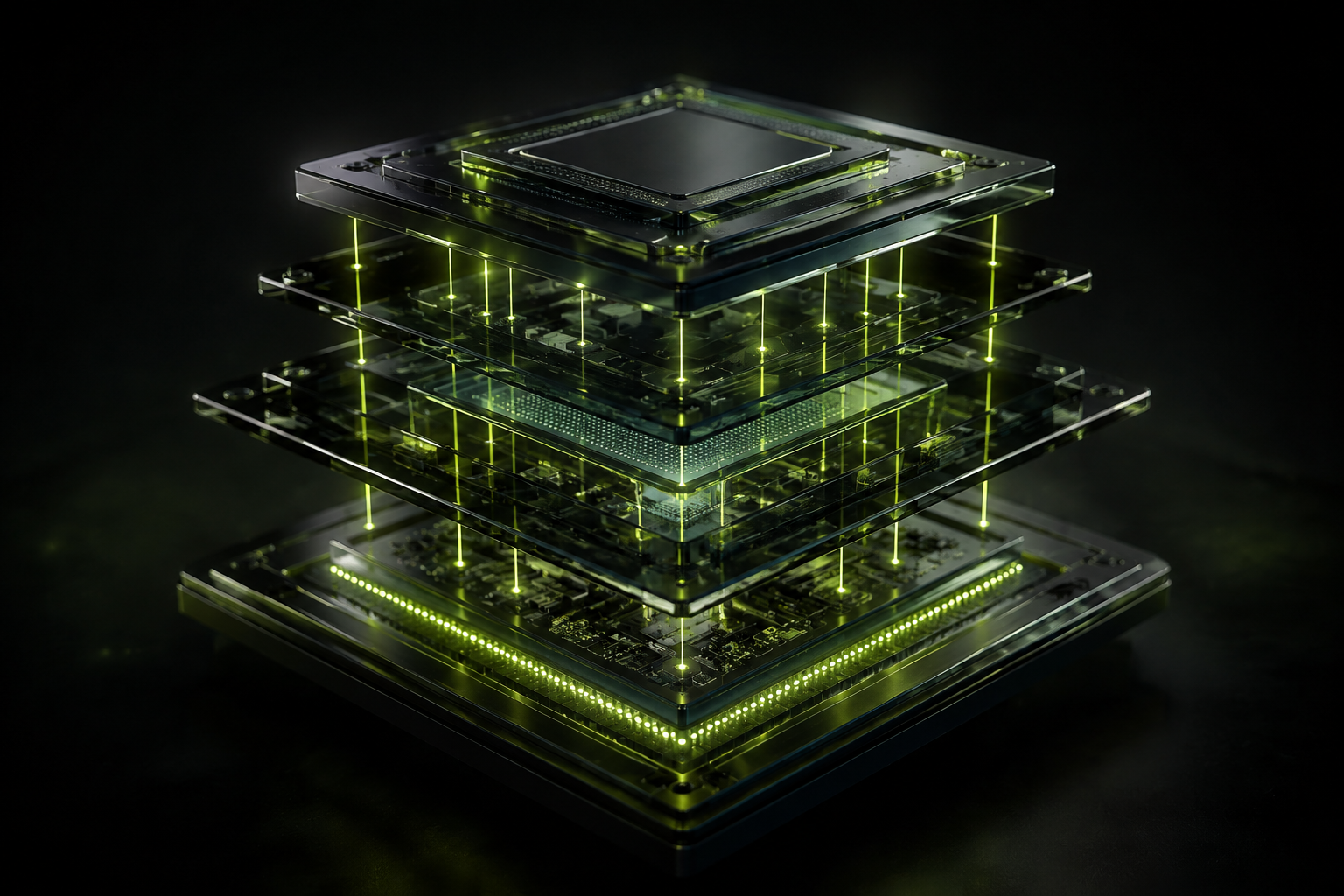 Floating smoked-glass technology layers linked by green light
